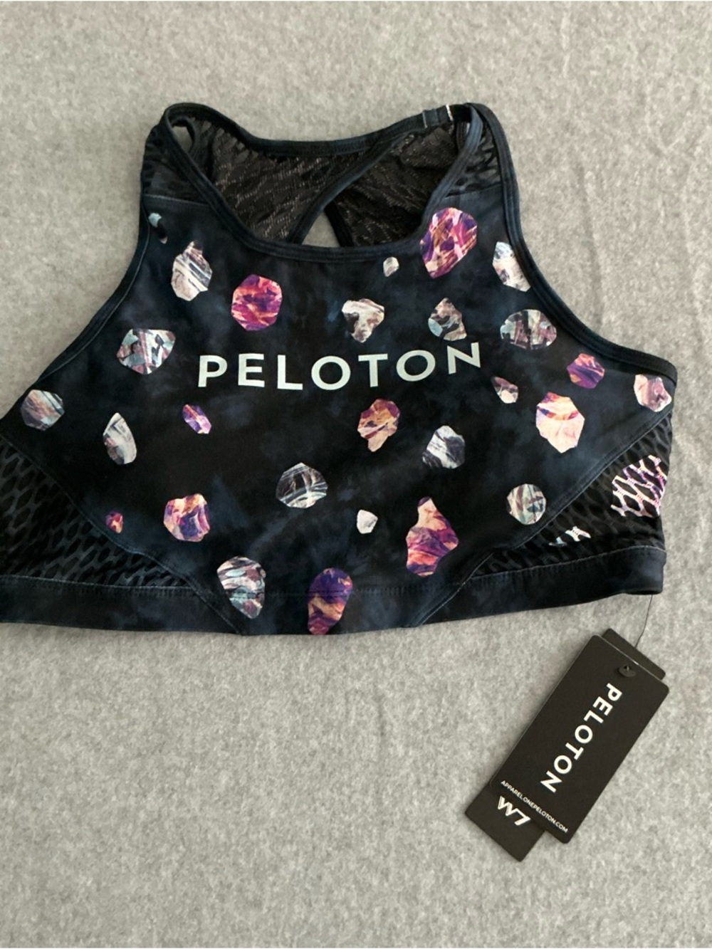 Peloton Black High-Neck Sports Bra with Purple & Pink Gem Print
